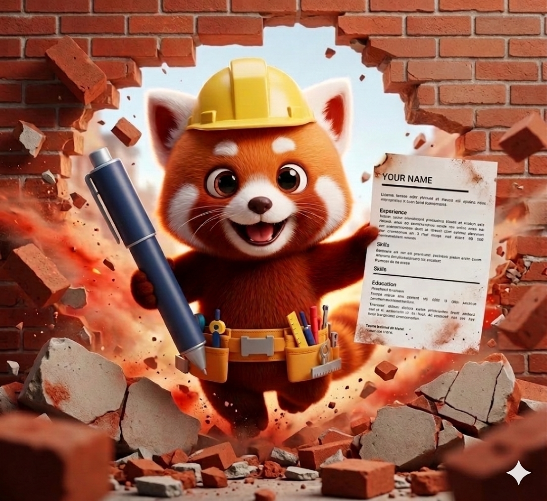 Red panda mascot breaking through a brick wall with a resume